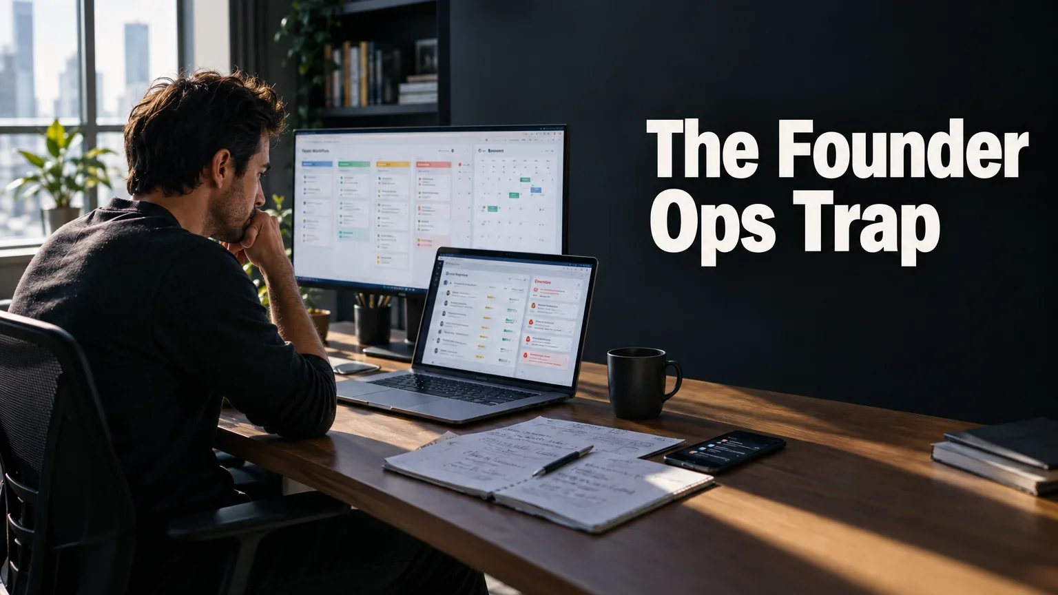 A founder alone at a desk late in the day, surrounded by screens of task boards, with the title The Founder Ops Trap