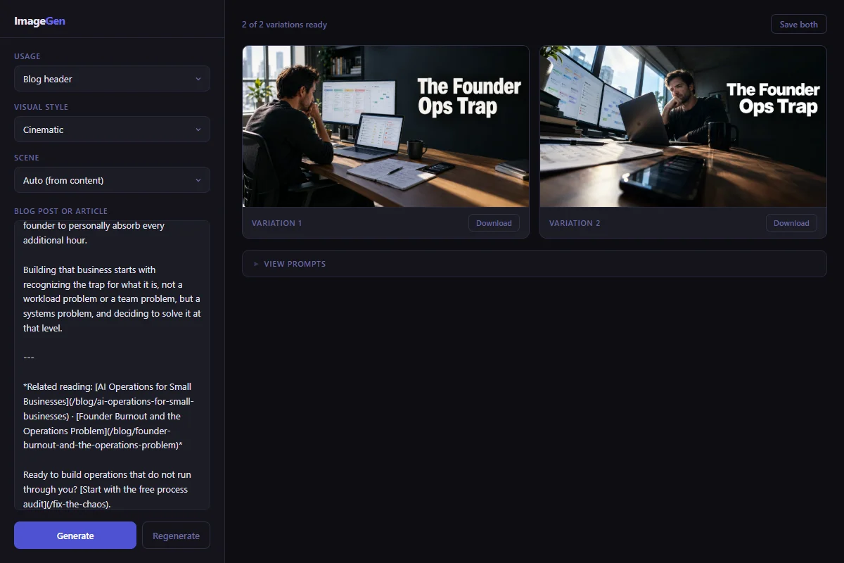 Blog Image Generator with a pasted blog post on the left and two finished header images titled The Founder Ops Trap